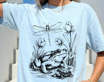 Frog Dragonfly Turtle Shirt, Cottagecore Nature Tee, Botanical Graphic T Shirt, Comfort Colors 1717, Subtle Anti Trump Political Shirt