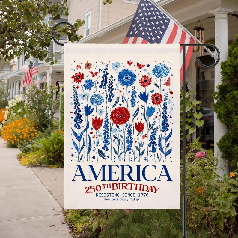 250th Birthday America Garden Flag, American Patriotic Yard Decor, Red White Blue Floral Outdoor Flag, USA Celebration Banner