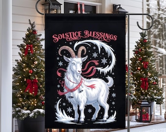 Yule Goat House Banner, Winter Solstice Garden Flag, Pagan Holiday Decor, Witchy Gothmas Christmas Outdoor Decorations
