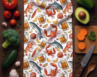 Funny Political Tea Towels - Dad's Kitchen Anti Trump Gift, Beer And Seafood Lobster Design, Father's Day Present, FDT Humor