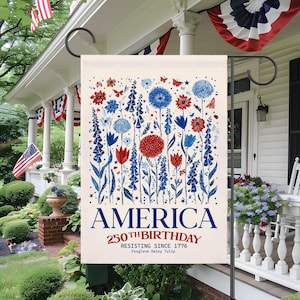 Patriotic America Garden Flag, 250th Birthday Celebration, Red White Blue Floral Design, Outdoor Yard Decor, Independence Day Banner