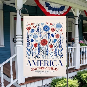 Patriotic Garden Flag, America 250th Birthday, Red White Blue Flowers, Outdoor Decor, 4th of July, Independence Day Banner