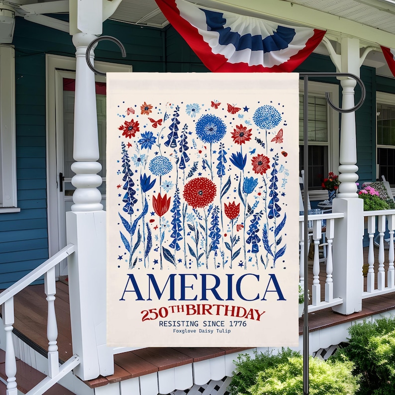 Patriotic Garden Flag, America 250th Birthday, Red White Blue Flowers, Outdoor Decor, 4th of July, Independence Day Banner