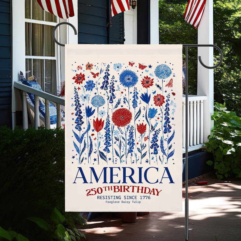 America 250th Birthday Garden Flag, Patriotic Floral Yard Decor, Independence Day Celebration Banner, Resist Since 1776 Sign