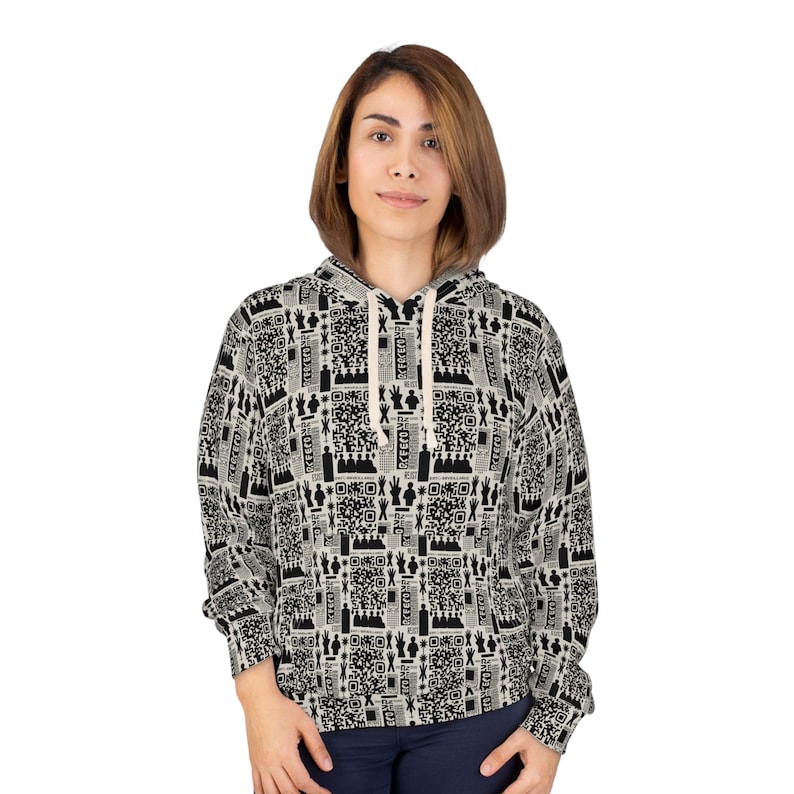 Anti Surveillance Unisex Hoodie, QR Code Protest Pullover Sweatshirt, Facial Recognition Activist Apparel, Privacy Rights Jumper, Protester image 5