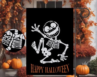 Drapeau de jardin Happy Halloween, drapeau de maison, anti-atout squelette, F Atout subtil, message caché mots cage thoracique