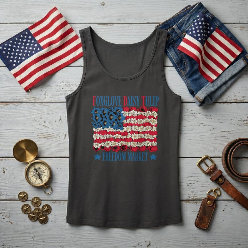 Dark grey tank top with American flag floral design and "Freedom Market" text.