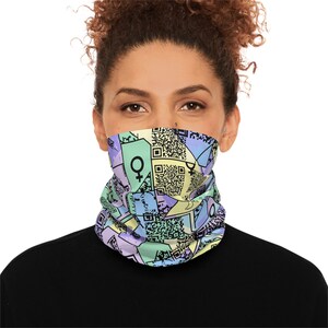 May include: A pastel-colored neck gaiter with a geometric pattern. The design includes QR codes, the female symbol, and other shapes in shades of blue, green, yellow, and purple. The gaiter is worn around the neck and covers the lower face.