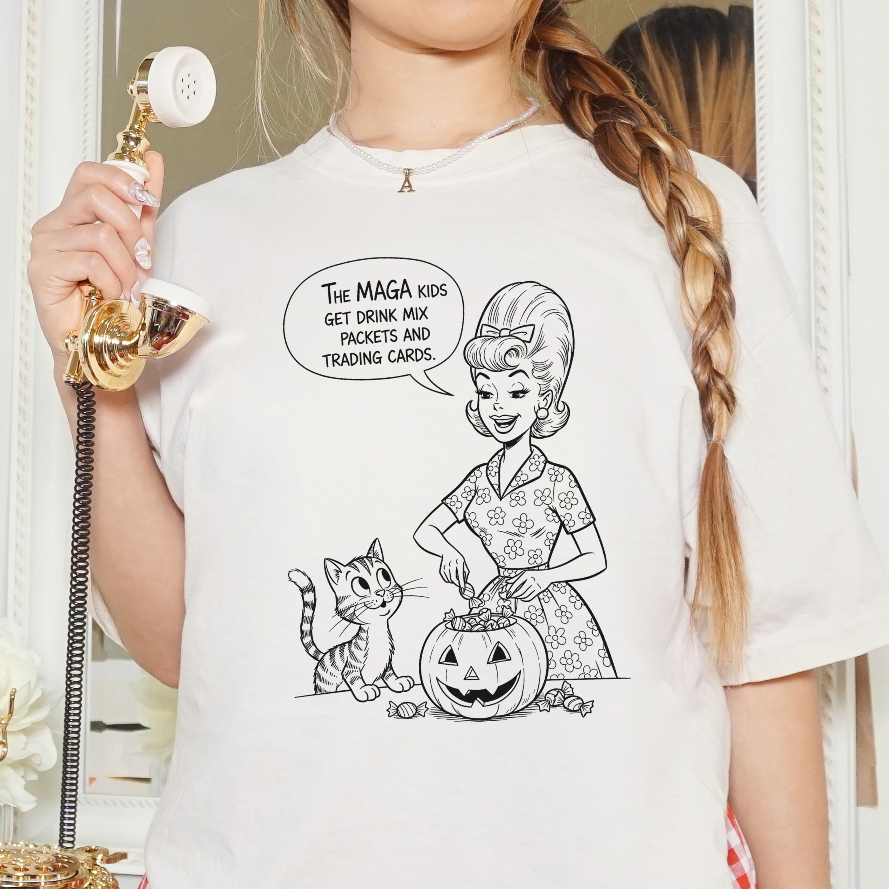 Anti Maga 1950s Housewife Jack-o-lantern Halloween Candy T-Shirt, Retro Anti Trump Tee, Cat Lover Gift, Funny Political T-Shirt