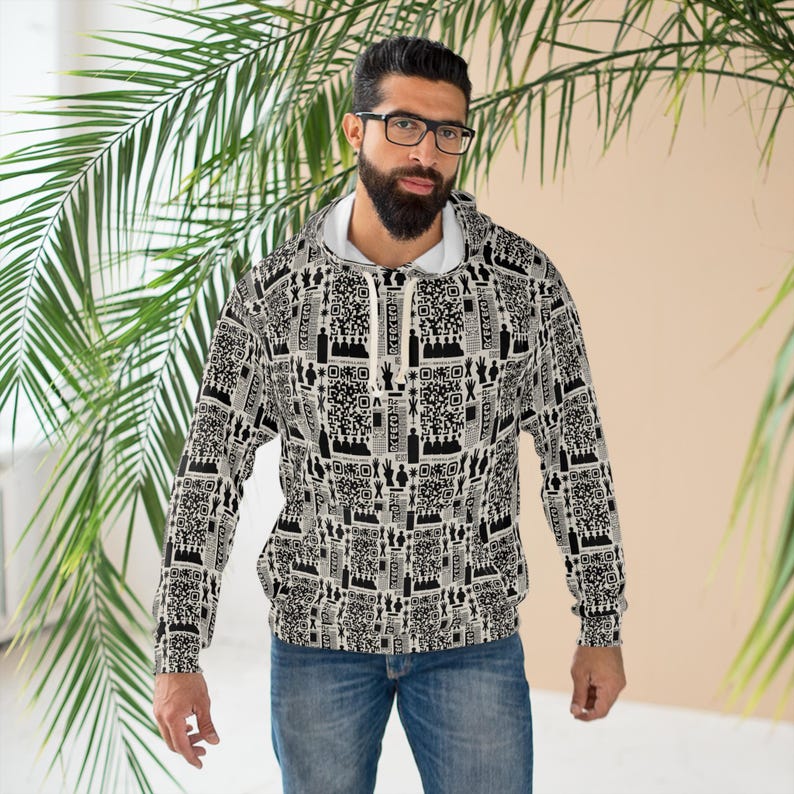 Anti Surveillance Unisex Hoodie, QR Code Protest Pullover Sweatshirt, Facial Recognition Activist Apparel, Privacy Rights Jumper, Protester image 1