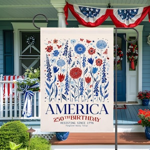 American Patriotic Garden Flag, 250th Birthday Decoration, Red White Blue Floral Banner, Independence Day Outdoor Decor, 4th of July Flag