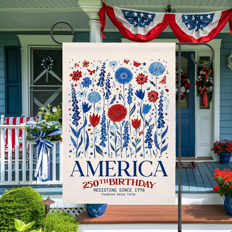 American Patriotic Garden Flag, 250th Birthday Decoration, Red White Blue Floral Banner, Independence Day Outdoor Decor, 4th of July Flag