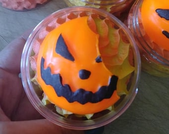 The Spirit of Halloween: Sugar Body Scrub in Pumpkin Caramel with "bitten" Jack-O-Lantern Soap