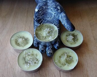 Kitchen Witch: Herbal Casting Candles, Cleansing and Purifying Tealight Set with Holder, White with Sea Salt, Lemon Verbena and Rosemary