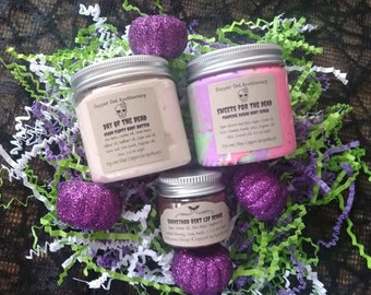 Day of the Dead 3 Piece Gift Set: Sugar Scrub, Vegan Fluffy Body Butter & Lip Scrub in Dulce De Leche ( Milk Caramel )