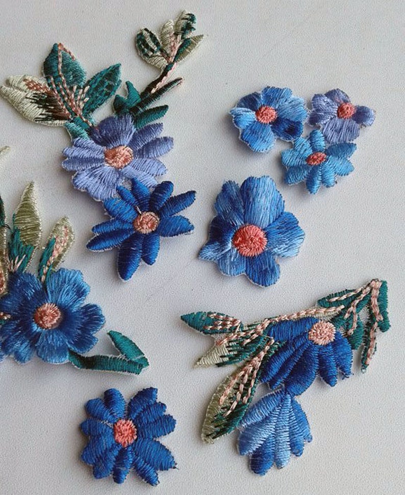 Moks34p 6 pieces set blue flowers Embroidery Patches image 5