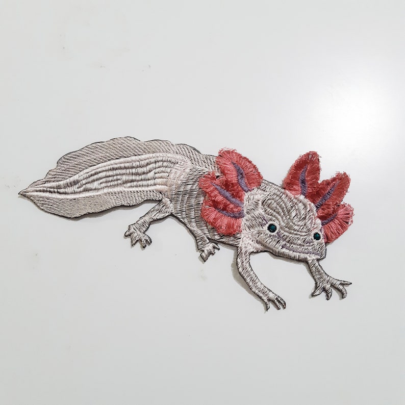 May include: A gray and white embroidered axolotl patch with pink feathery gills. The axolotl is a type of salamander that is native to Mexico.