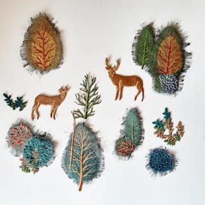 Moks498 Set Embroidered Patch, Deer in Forest, Wood Patch, Trees, Bushes, Branches, Pair of deer, Hunting, Tree Trunk Patch