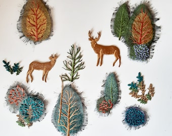 Moks498 Set Embroidered Patch, Deer in Forest, Wood Patch, Trees, Bushes, Branches, Pair of deer, Hunting, Tree Trunk Patch