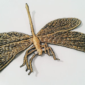 Può includere: Toppa applicata di libellula ricamata in oro. La libellula ha un corpo lungo e sottile e ali delicate.