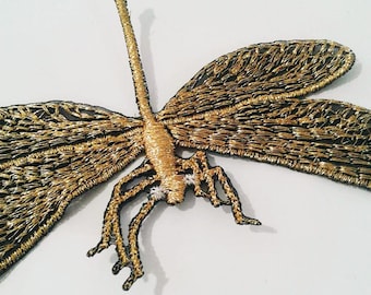 Moks150(p) Libelle bestickter Aufnäher Steampunk gold metallic lurex