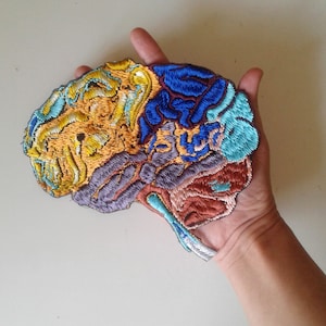 Puede incluir: Un parche bordado colorido con forma de cerebro humano. El parche está hecho de fieltro y presenta diferentes colores, incluyendo azul, amarillo, naranja y morado.