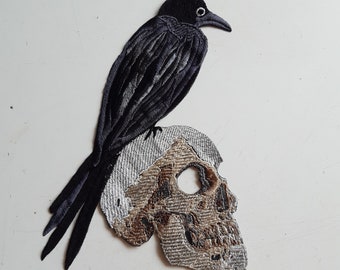 Moks476 raven and skull patch, black raven, Odin God viking large badge patch
