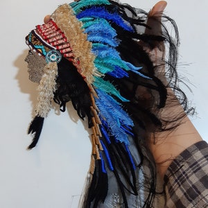 Moks275(p) War Bonnet Native American Headdress Patch, Embroidered Patch Blue Feathers