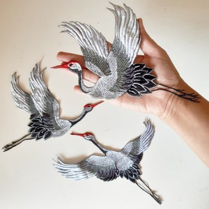 Moks500 Set 3 pcs Birds Cranes Embroidered Patches