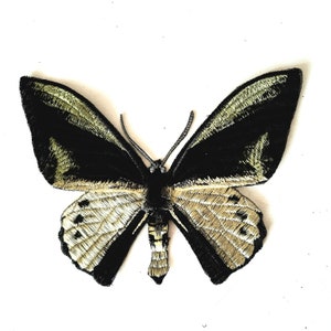May include: A black and gold embroidered butterfly patch. The butterfly has a black body and wings with gold accents.
