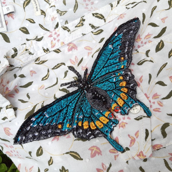 Moks453 Schmetterling türkis Schwalbenschwanz Aufnäher, gestickt, Papilio Pericles
