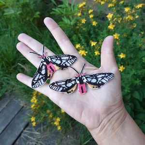 Puede incluir: Dos parches de mariposa bordados con alas negras y blancas y detalles rosas. Los parches están en una mano con un fondo borroso de follaje verde.