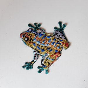 Pode incluir: Um remendo bordado colorido em forma de sapo para passar a ferro com detalhes azuis, amarelos, vermelhos e verdes.