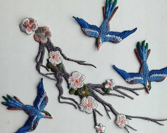 Moks21(p) set blossoming cherry bird branch Embroidery Patch