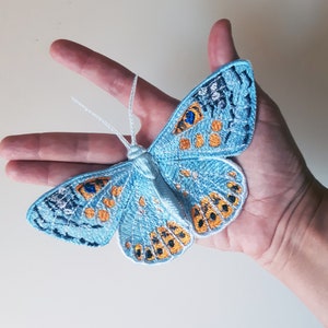 Könnte beinhalten: Ein blauer und orangefarbener gestickter Schmetterling mit schwarzen Akzenten. Der Schmetterling befindet sich auf einer Hand.