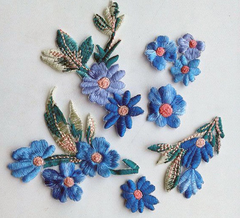 Moks34p 6 pieces set blue flowers Embroidery Patches image 3