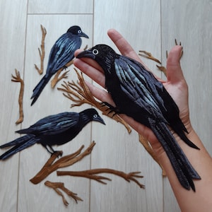 Moks473 set raven patch, bird patch, set of 3 crows and twigs embroidery patch