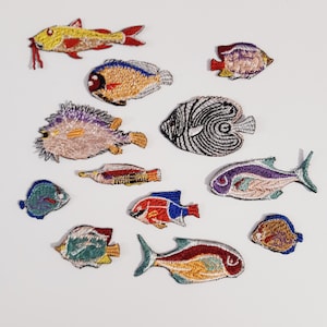 Può includere: Un set di 11 toppe ricamate colorate da stirare con diversi disegni di pesci. Le toppe includono un pesce giallo con accenti rossi, un pesce viola e rosa con spine, un pesce a strisce bianche e nere, un pesce blu e rosso e un pesce verde e giallo.