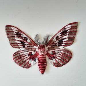 May include: A red, white, and brown embroidered moth with a black and white pattern on its wings.