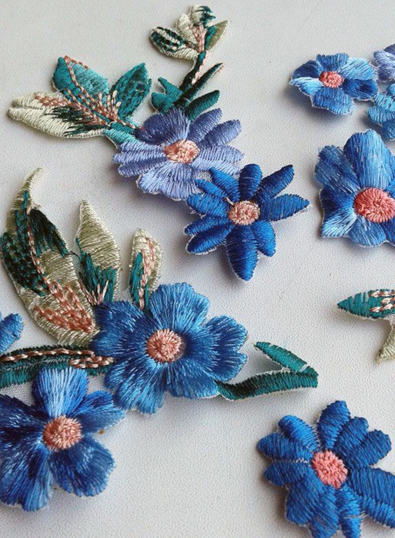 Moks34p 6 pieces set blue flowers Embroidery Patches image 4