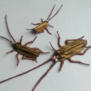 Puede incluir: Tres cucarachas bordadas de color marrón y beige con antenas largas. Las cucarachas están sobre un fondo blanco.