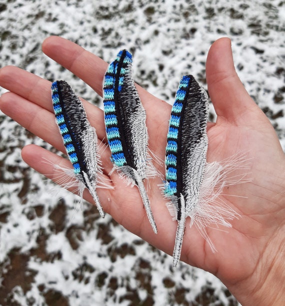 Moks271p Set Blue Jay Feathers Embroidered Patches Bird Etsy