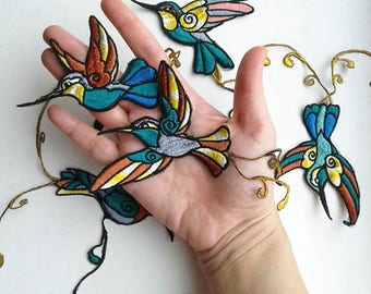 Moks98 (p) Set mit 5 Stück Kolibri, gestickte Aufnäher, Vogel-Patch, Colibri-Applikation