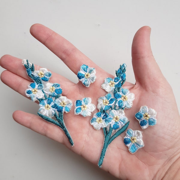 Moks633 Small Blue Flowers embroidered patch, Set 2 branches and 4 individual flowers, forget-me-not