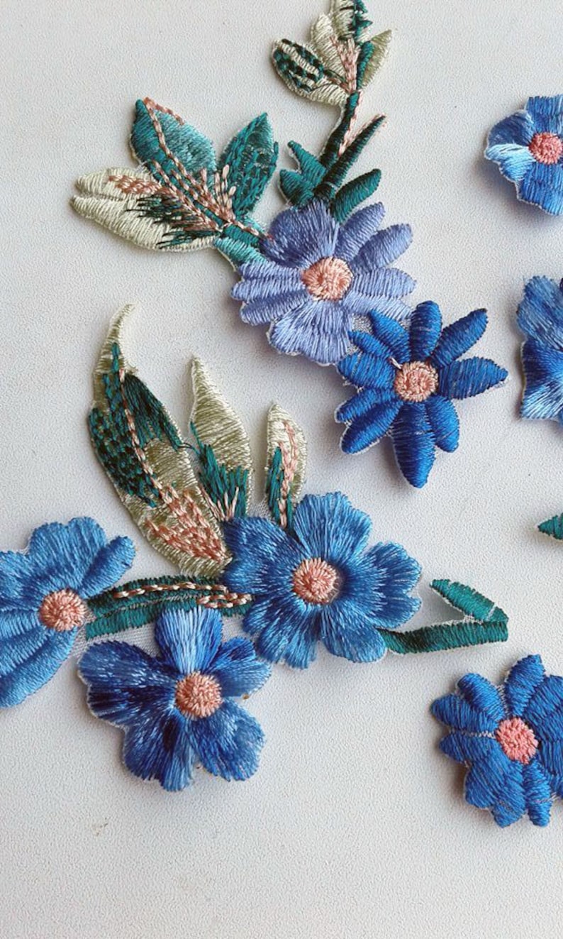 Moks34p 6 pieces set blue flowers Embroidery Patches image 2