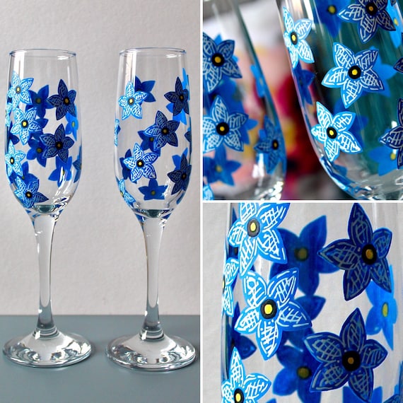 Hand Painted Forget-Me-Not Glass Flute