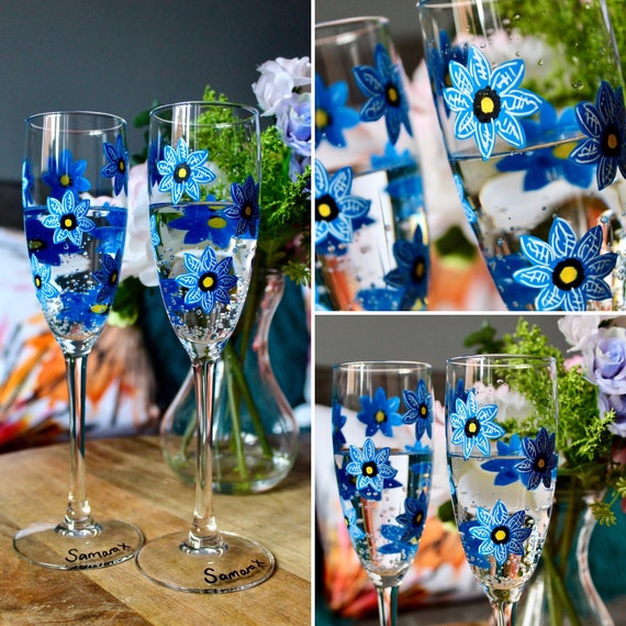 Pair of Forget-Me-Not Handpainted flute glasses