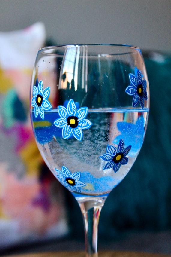 Blue Forget-Me-Not Hand Painted Wine Glass / For her / Birthday Gift / Bridesmaid Present /Gift for Wine Lovers / Wedding Gift / Unique Gift