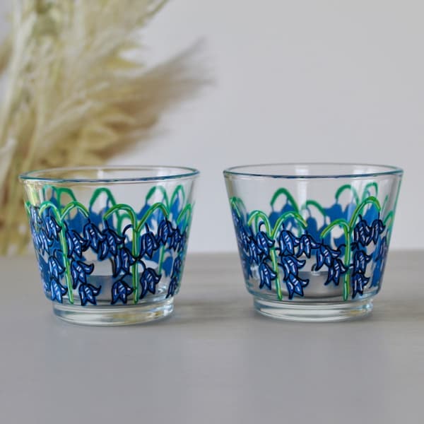 Set of 2, Bluebell Painted Glass Tea Light Holders, Candle Holders, Gifts for Her, Home Decor
