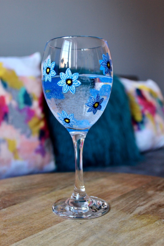 Blue Forget-Me-Not Handpainted Wine Glass